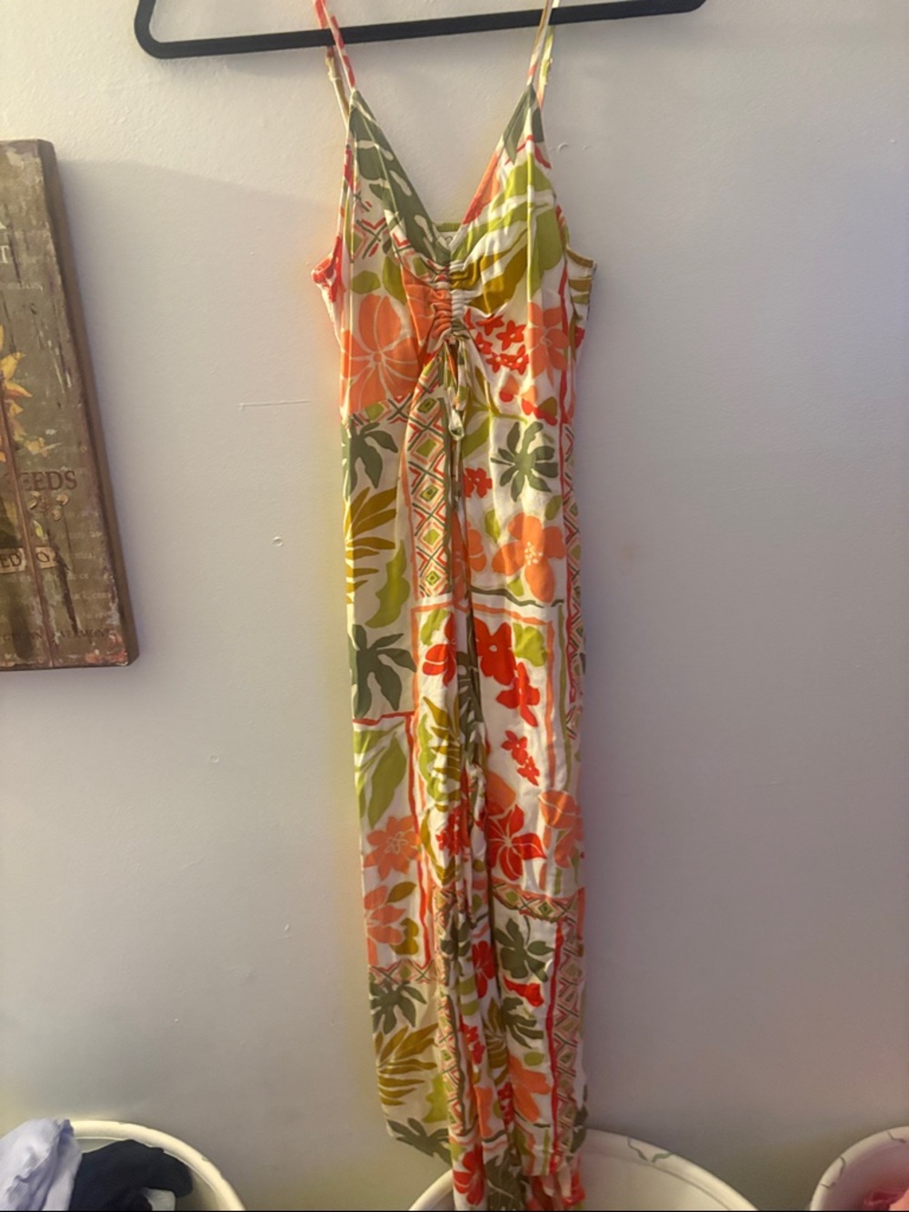 Floral Print Spaghetti-Strap Jumpsuit - Orange & Green